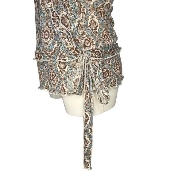 DKNY Women’s Petite Small V-Neck Top Brown Teal Ruffle Tie Y2K - Picture 4 of 7